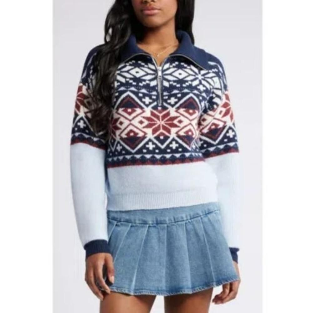BP. Quarter Zip In Navy Snowflake Fair‎ Isle Pullover Sweater Women's Small